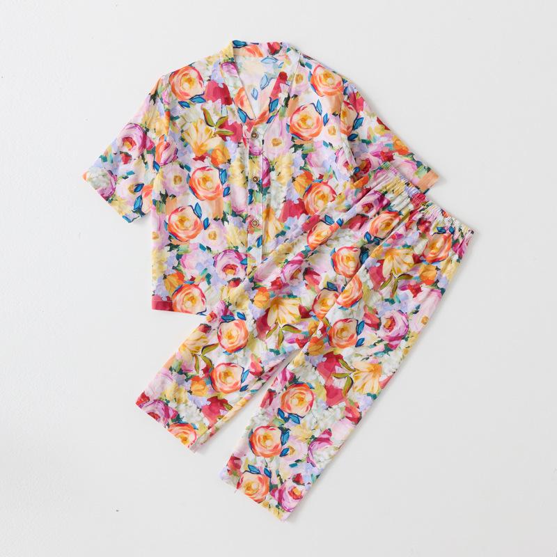 Children's Cotton Silk Pajama Set - Medium Sleeve, Long Pants, Cartoon Print, Thin, for Boys, Girls, and Babies.