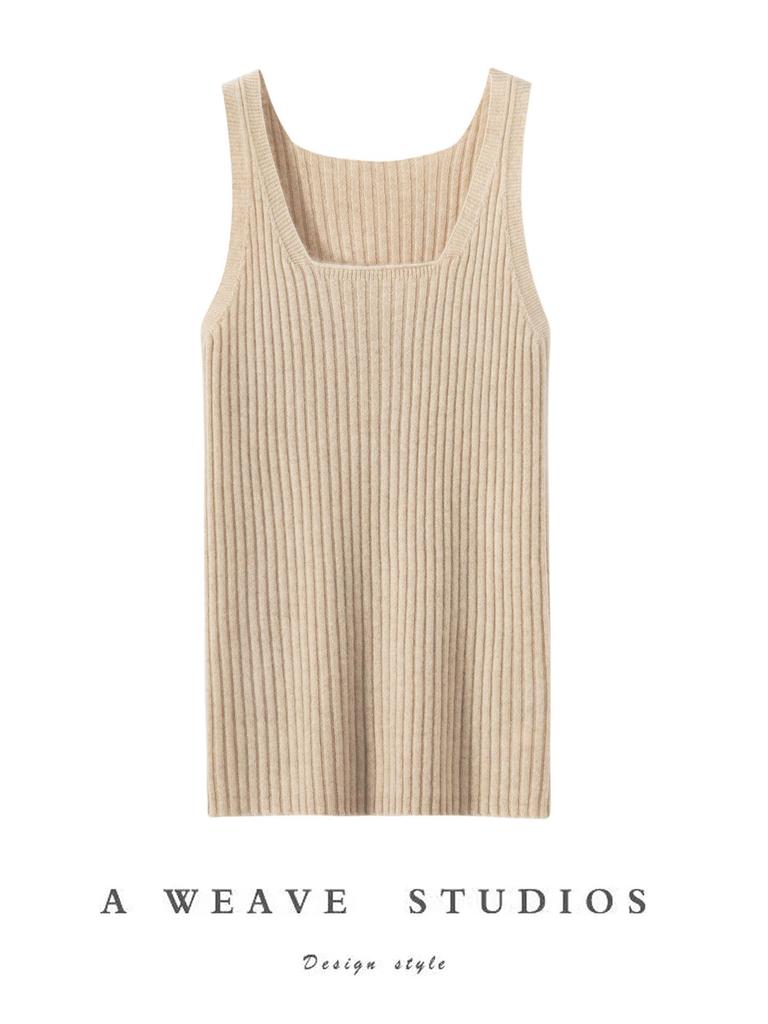 100% Pure Cashmere Ribbed U-Neck Camisole – Solid Color Slim Fit Base Layer Top