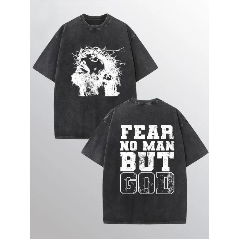 

Men s Vintage Cotton T-Shirt - Fear No for Man But God Graphic, Loose Fit Casual Street Style Tee, Brown with Black Print, All-Season Wear S чёрный