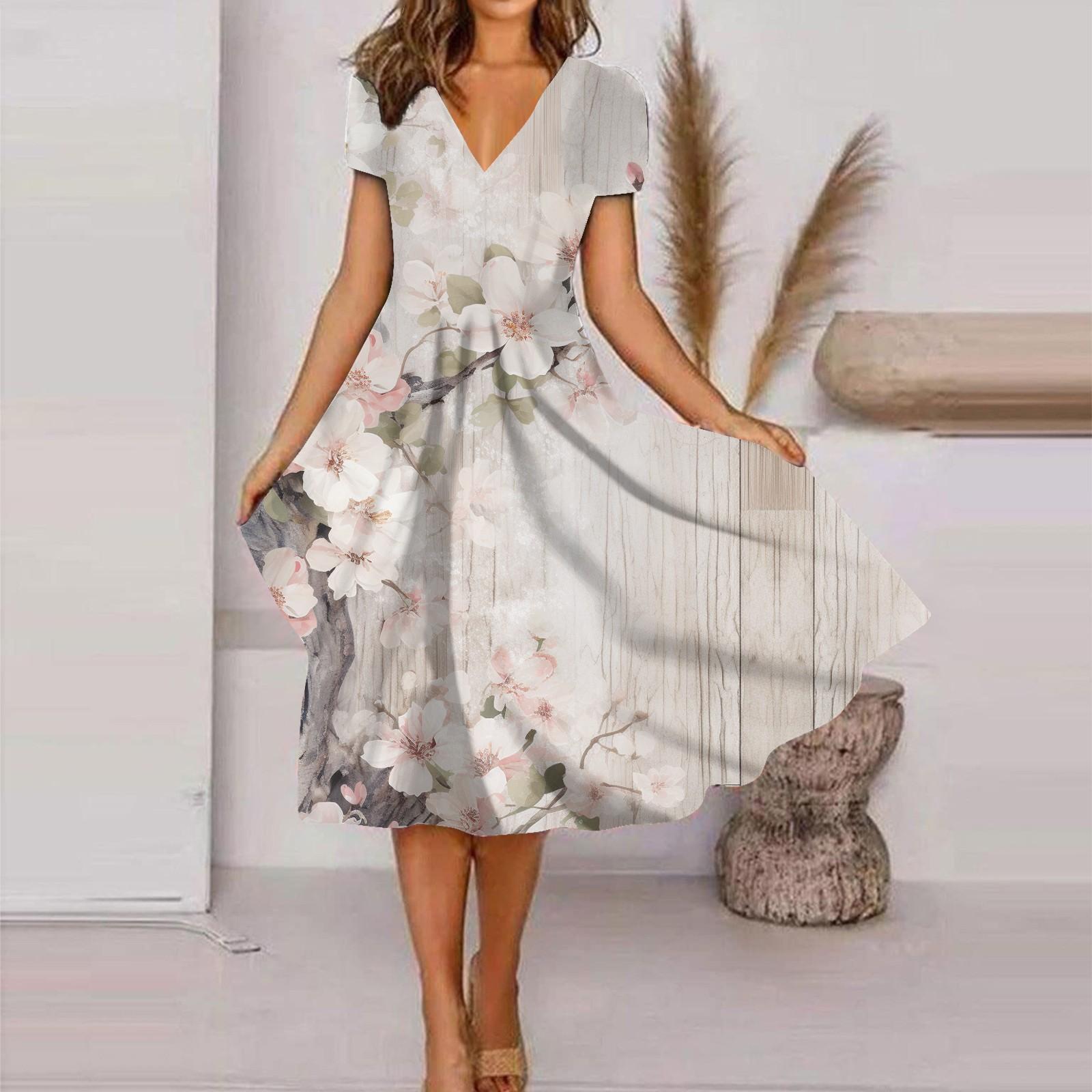 

Летние повседневные платья для женщин, свободный сарафан с коротким рукавом, платье-футболка с цветочным принтом M белый