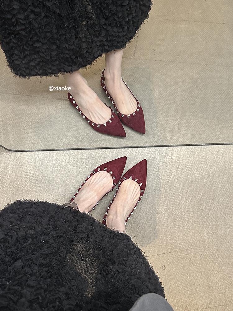 Inner Height Increase Pointed Rivets Single Shoes Women's Shoes Spring and Autumn 2025 New Summer French Temperament Grandma Shoes Ladyshoes