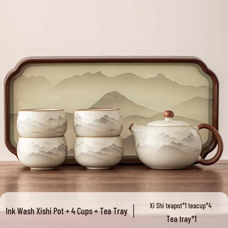 Chaxun Ru Kiln Ceramic Tea Set - Xishi Pot & 4 Zen Cups