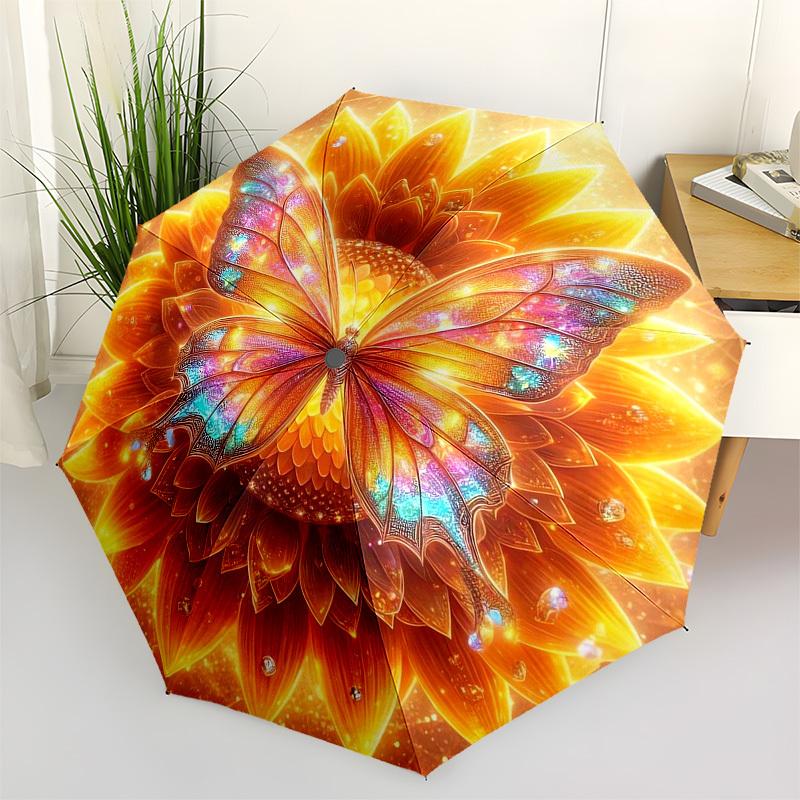 

1pc Golden Butterfly Mandala Umbrella with Plastic Handle,Vibrant Cartoon Pattern,Multi-functional UmbrellaPT096