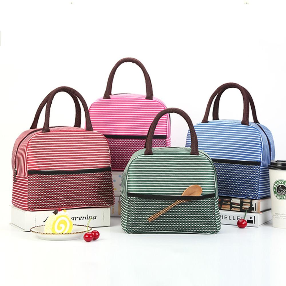 

Zippered Striped Thermal Lunch Bag Insulated Handbag Portable Picnic Bag Outddor