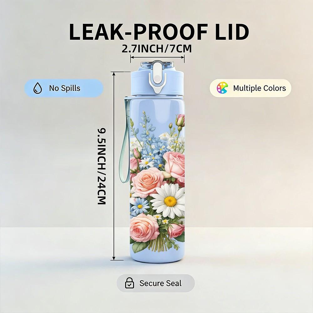 1PC Soft Mixed Pastel Bouquet 750ml Color Plastic Sports Water Bottle Leakproof Flip Straw Lid Suitable for Sports Office Home Use