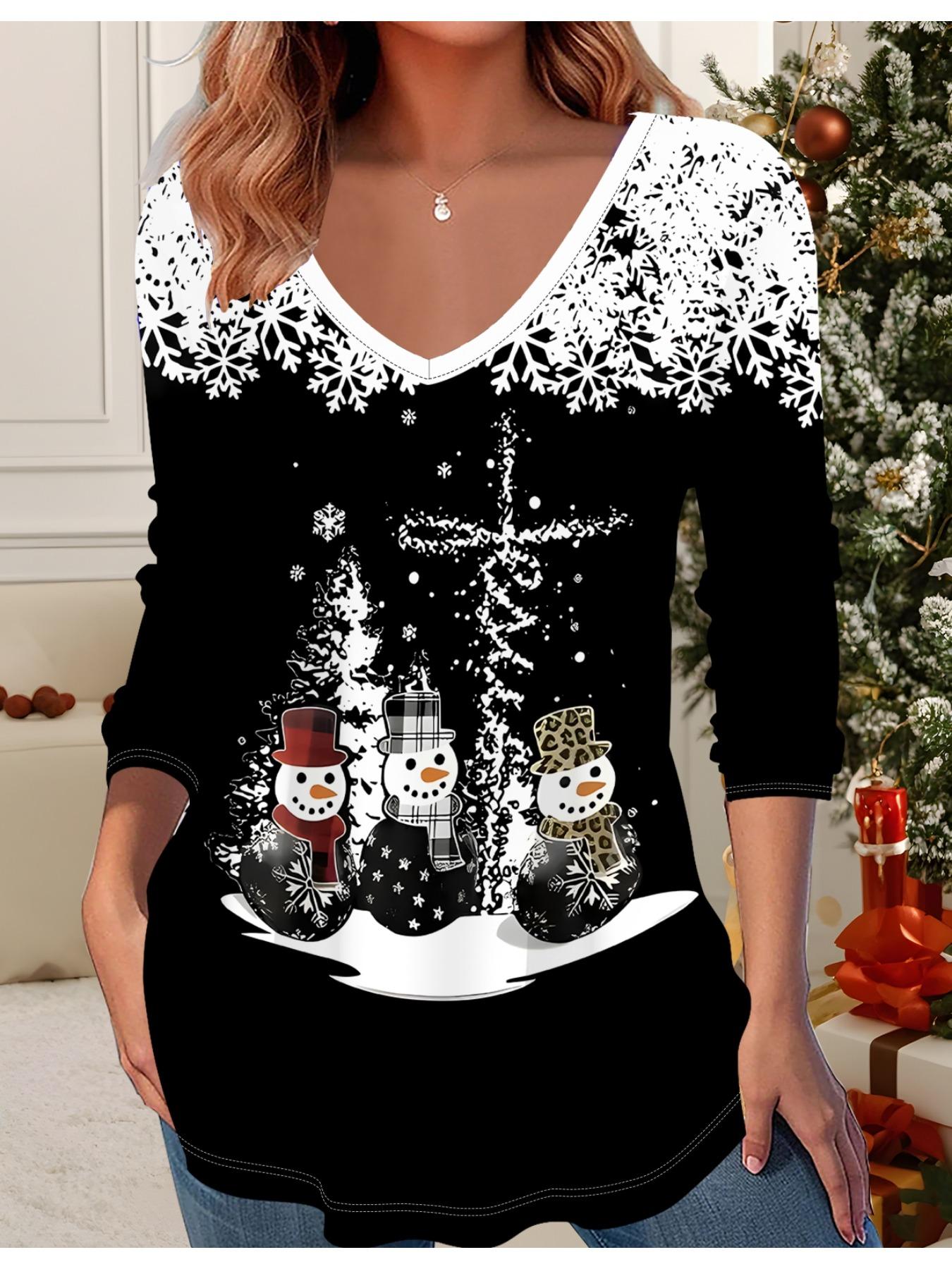 

3D Рождественская Принтованная Модная Повседневная Женская Футболка с V-образным вырезом и длинным рукавом - Одежда для новогодней вечеринки, Праздничный подарок 6XL серый