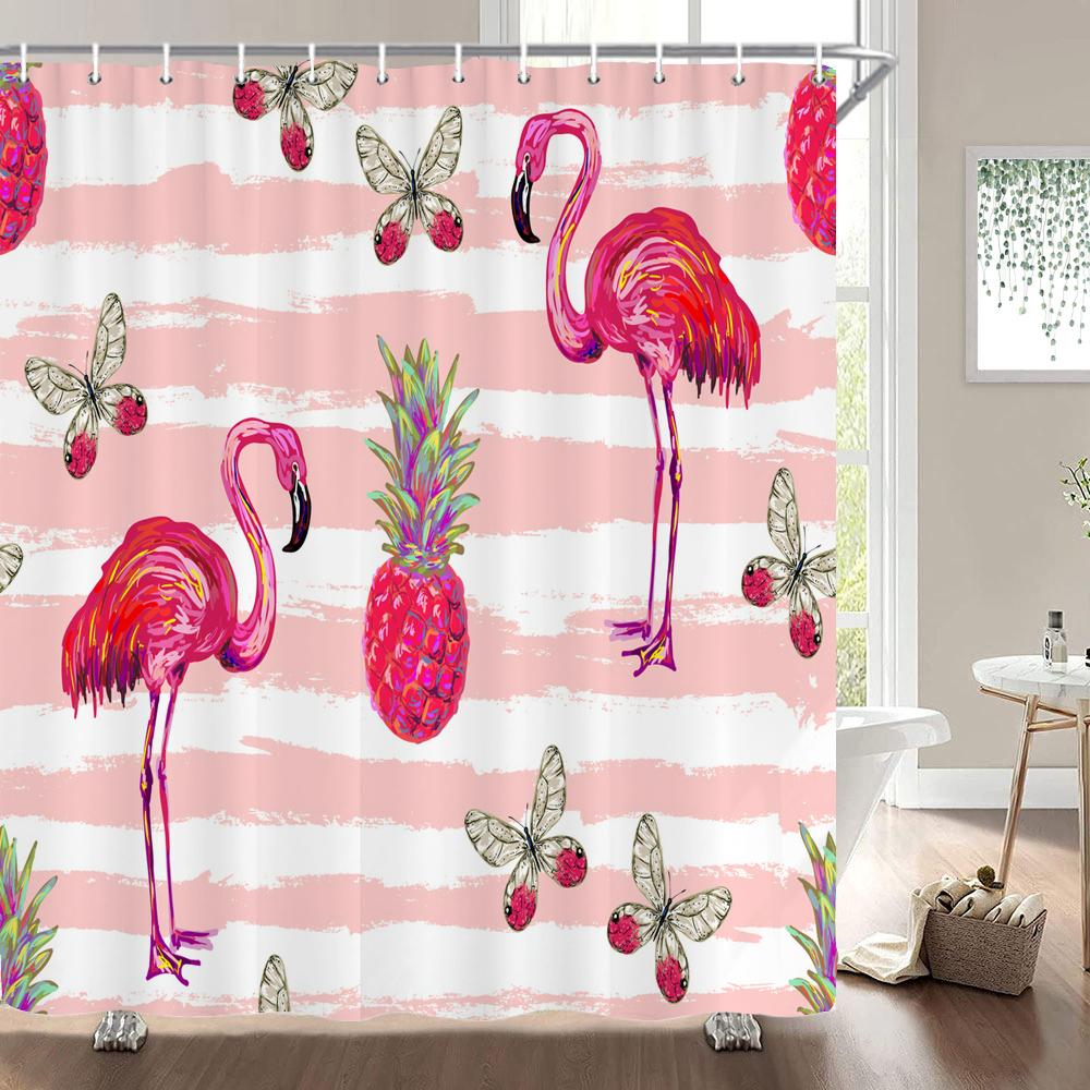 Flamingo Shower Curtain Fabric Waterproof Polyester Bathroom Curtains Pink Birds With Hooks 240X180 Decoration Bath Screen