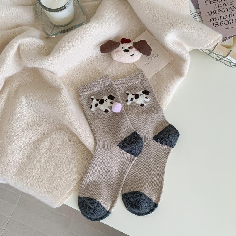 1pair Cute Women Socks Puppy Socks For Women Animal Pattern Cotton Socks With Fur Ball Funny Mid-tube Socks Calcetines Mujer