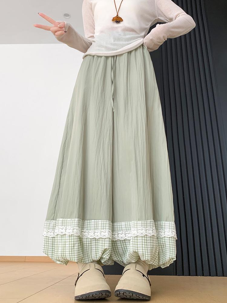Lace Patchwork Lantern Pants - Spring/Summer Academy Style, Ice Silk, Wide-Leg Skirt Pants, Slimming Bud-Shaped Design.