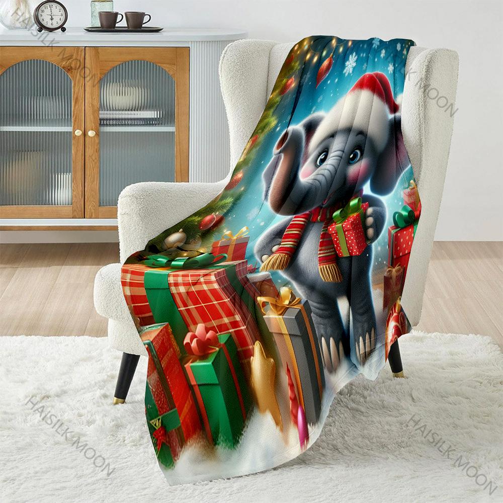 Christmas Elephant with Presents Pattern Blanket Flannel Material Soft Warm for All Seasons,For Home Outdoor Camping Picnics RV