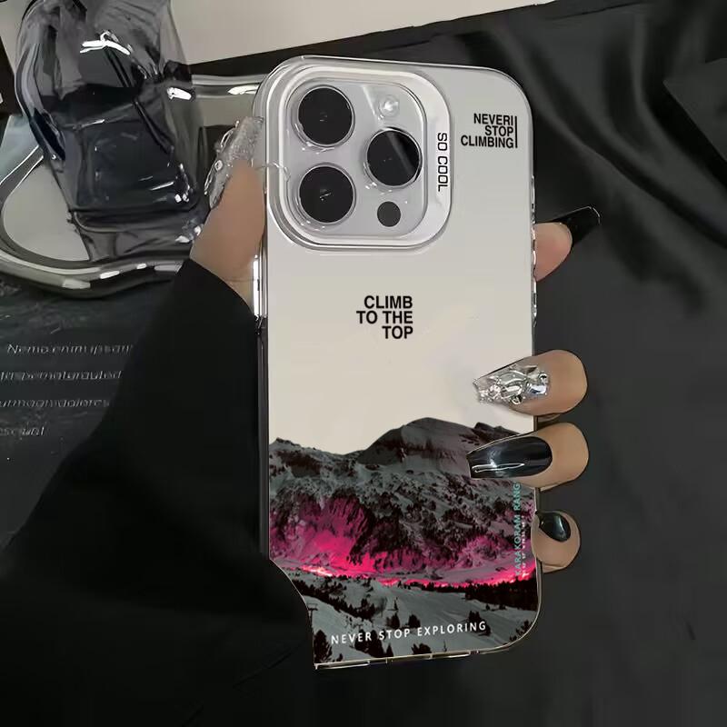 Snow Mountain Landscape Sunset Electroplate Silver Phone Case For iPhone 16 11 12 13 14 15 Pro Max 7 8 Plus X XS XR Back Cover