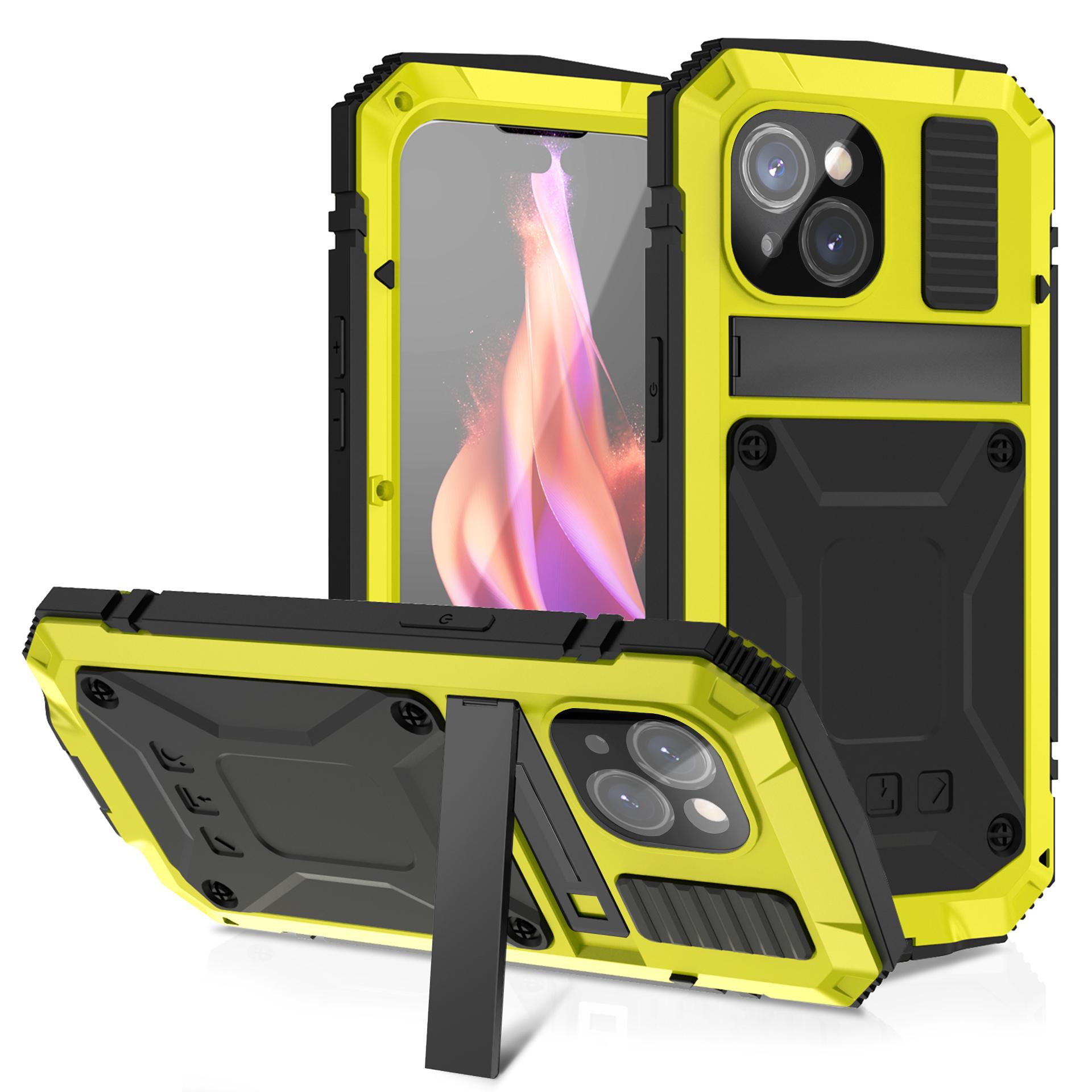 R-just Shockproof Armor Cover for Iphone Air 17 16 15 14 Plus Pro Max Case Bracket Full Body Protect Silicone Liner Metal Bumper iPhone Air жёлтый