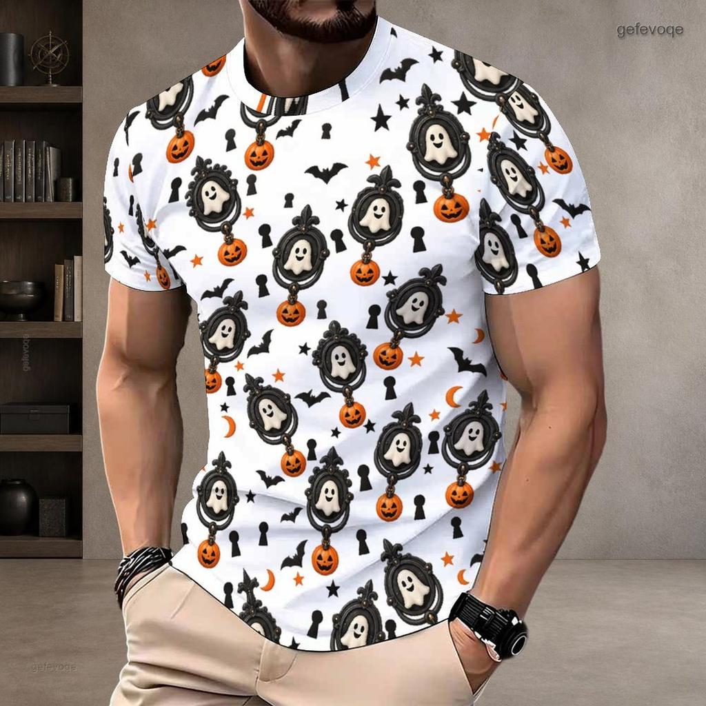 Men Plus Size Round Neck Short Sleeve T Shirt Halloween Ghost Bat Printed White Straight Hem Pullover