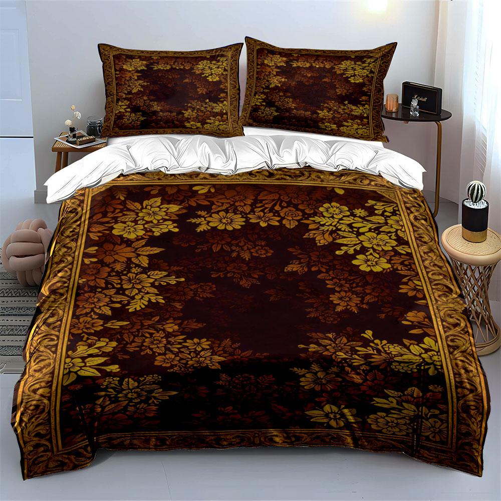 Golden Floral Pattern Frame. Bedding Sets Duvet Cover Sets Duvet Covers Pillowcases(1 * Duvet Cover 2 * Pillowcases Without Duvet Insert)