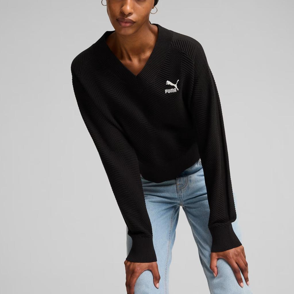 Puma T7 Knitted V-Neck Crew Soft Comfortable Loose Fashion Knit Sweater Women tops Black 627471-01