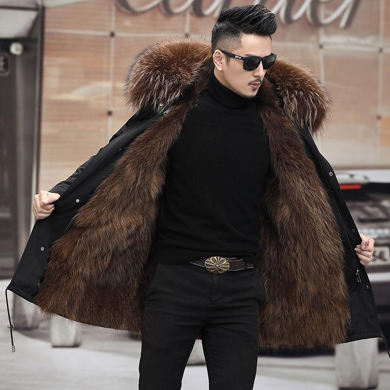 Pie overcome men's winter medium and long fur integrated winter thickened imitation fox fur jacket