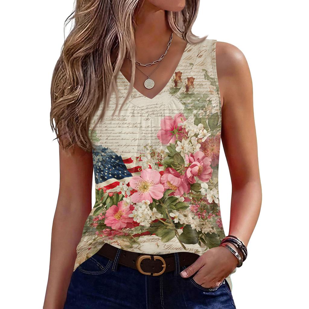 V-Neck Tank Top Women Print Tank Tee Casual Loose Fit Sleeveless Shirt