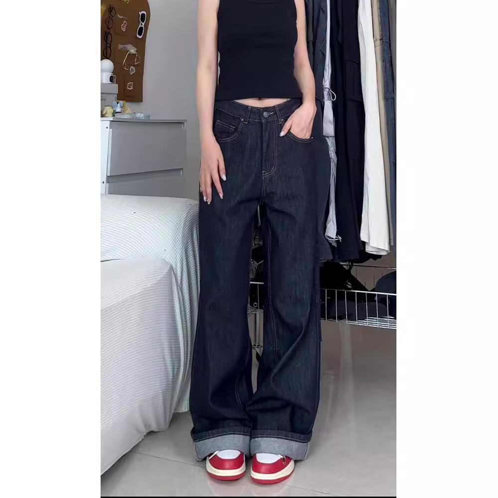 Women’s Plus Size Retro Dark Blue Wide-Leg High Waist Jeans for Autumn