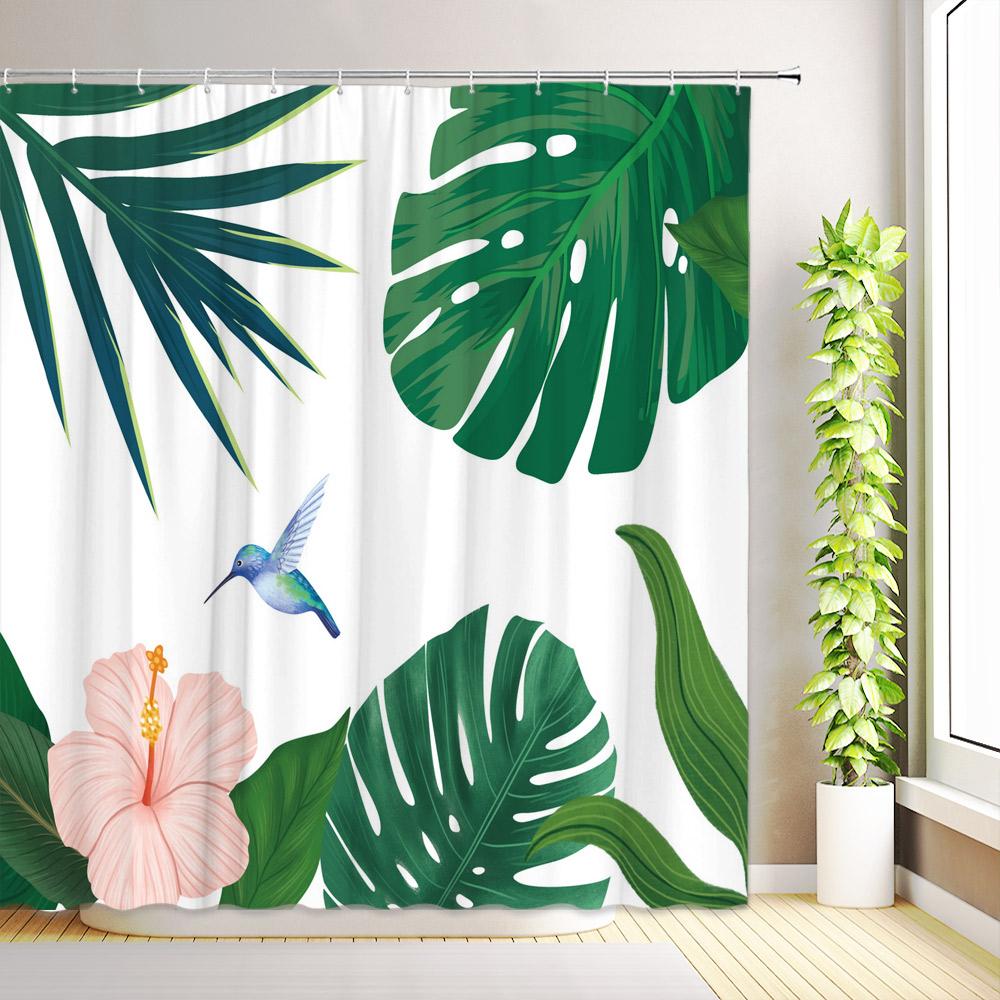 Tropical Leaves Hummingbirds Shower Curtain Green Palm Leaf Flowers Plants Bird Bathroom Decor Fabric Bath Curtains with Hooks