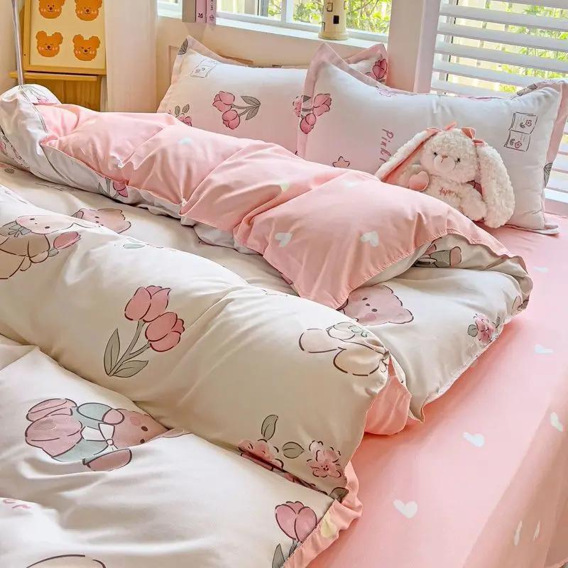 Green Floral Duvet Cover Set No Filler Pillowcase Flat Sheet Fashion Single Queen Size Girls Blanket Decoration Bedding Set