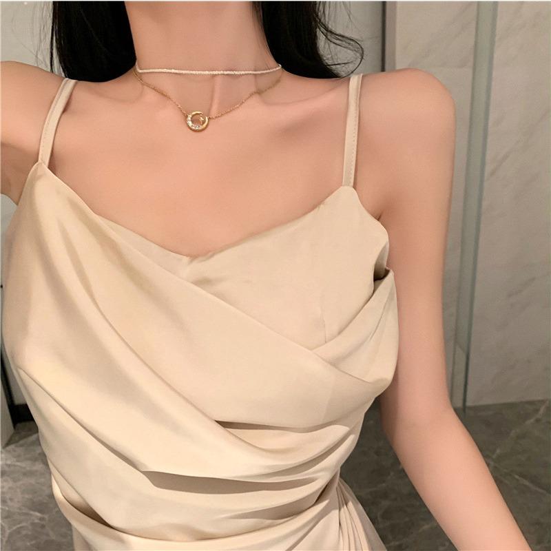 High-end Thin Pleated Acetic Acid Satin Suspender Long Dress Temperament Waist Thin Split Long Dress Dress Summer