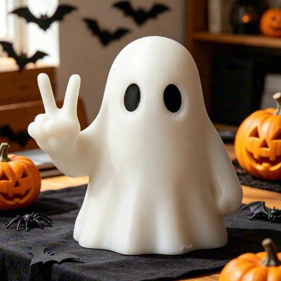 Modern Ghost Table Decor Halloween Figurine with Peace Sign, Spooky White Matte Statue, Cute Tabletop Ornament for Shelf, Party Gift One-piece Printed