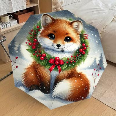 1pc Winter Fox Wreath Pattern Umbrella Design Automatic Opening and Closing Umbrella, High-quality Travel Umbrella, Lightweight and Portable, -97