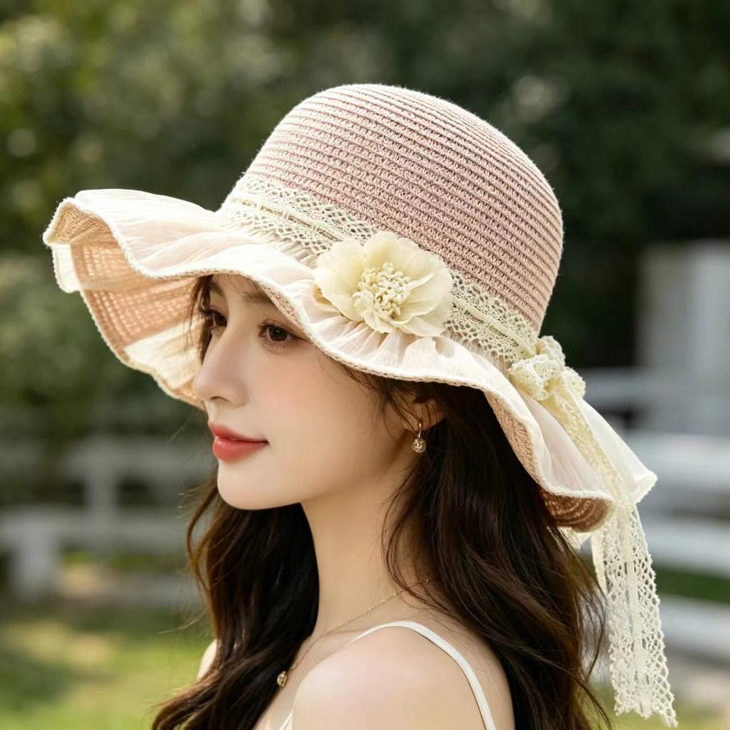 Summer Lace Bow Straw Hat High-end Temperament Sweet Big Brim Sun Hat Women's Seaside Vacation Sun Hat