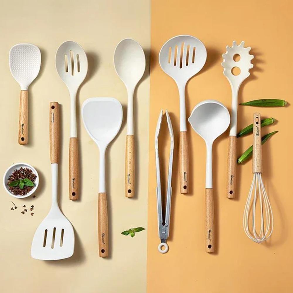

Набор кухонных инструментов из силикона 10 шт. Большая лопатка, лопатка, половник для супа, ложка с деревянной ручкой, кухонная утварь, набор посуды, антипригарные кухонные гаджеты