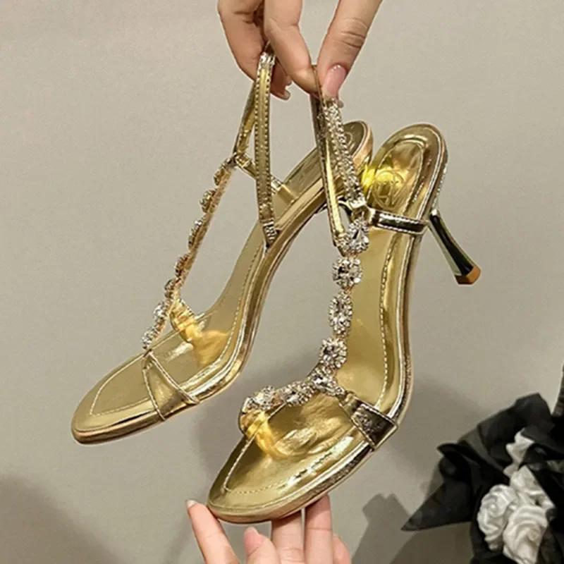 Fashion Luxury Gold Crystal Designer High Heeled Sandals Women Fashion Square Toe Party Wedding Shoes Elegant High Heels Sandalias Mujer