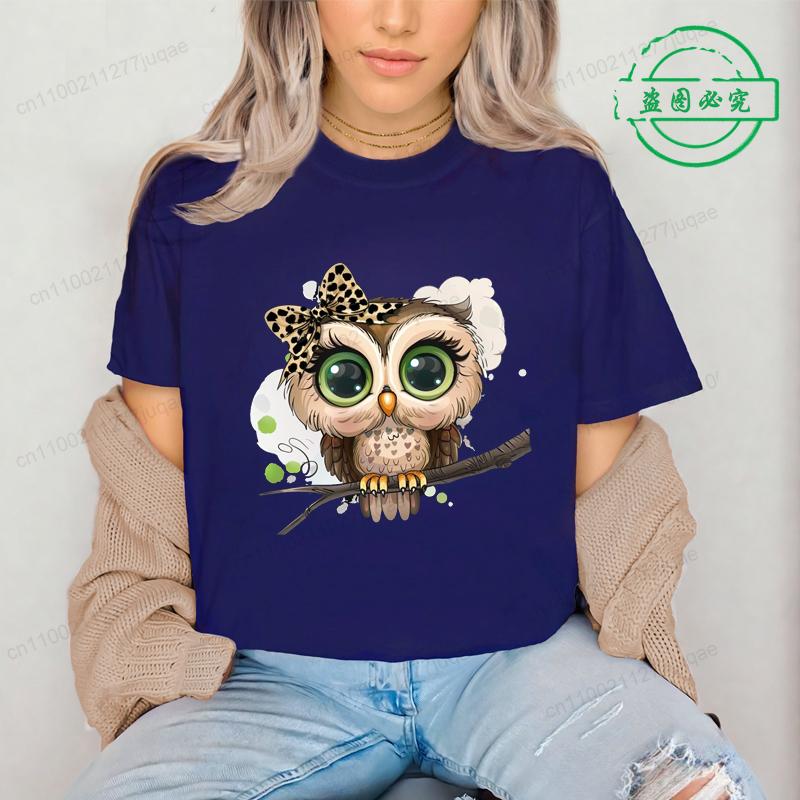 Cartoon Owl Print Crew Neck T-shirt Tee Tops Clothing Gift Streetwear Graphic T Shirts Casual Short Sleeve Top Women's Clothing