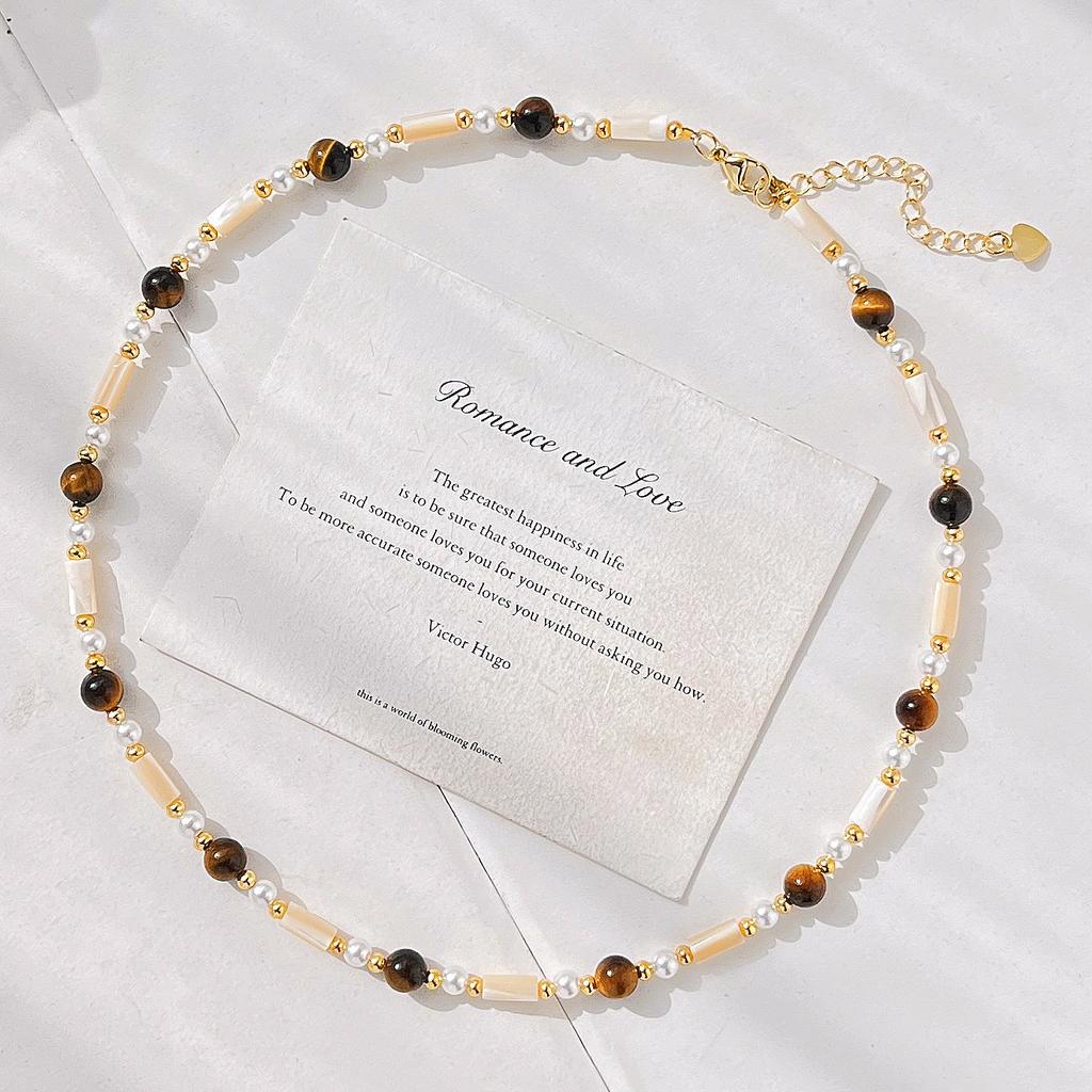 Vintage High Quality Natural Tiger'S Eye Stone Shell Sweater Chain Necklace Collarbone Chain