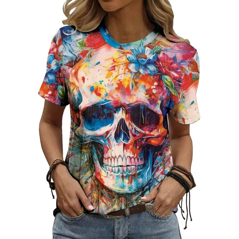 Skeleton Flower Pattern T-Shirt Women 3D Printed Short Sleeves Summer Loose O-Neck Casual Comfortable Fashionable T-shirt