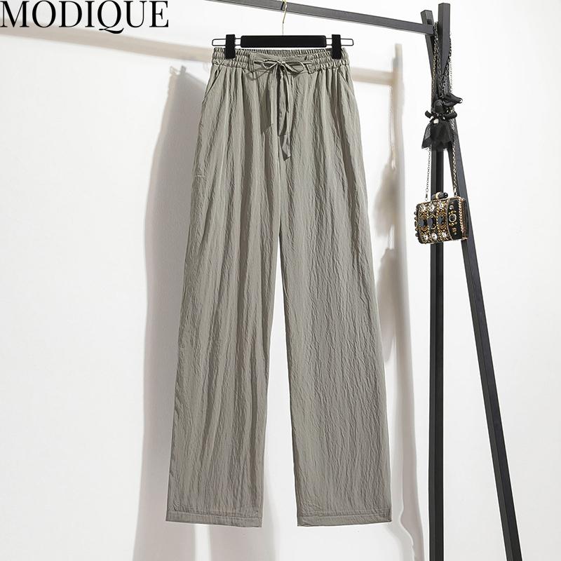 MODIQUE Vår Sommer Plus Size Ny Dame Løst Lang Lin Rett Bukser Joggebukser Dame Casual Basics Ankellange bukser med vidde ben