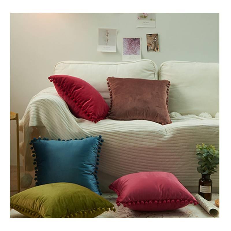 Velvet Solid Dutch Color Pillow Cases Pompom Edging Cushion Cover Living Room
