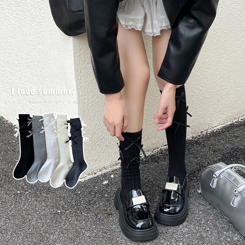 

Barrel-style Bow Long Calf Socks for Girls, Lolita Pile Sweet School-style Cotton Socks for Young Girls 1 pair чорний
