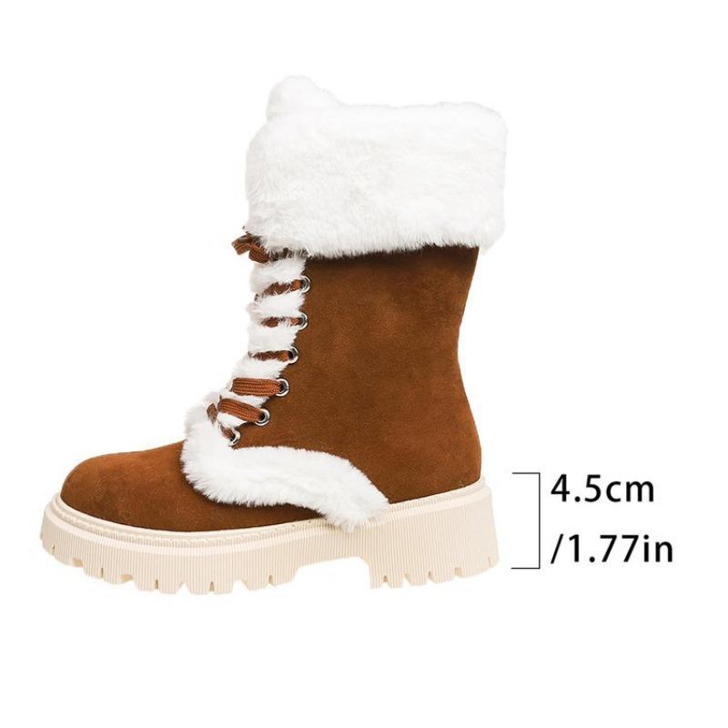 Plus-size Shoes, Fluffy and Warm Thick-soled Mid-calf Boots, Comfortable Round-toed Lace-up Snow Boots for Women