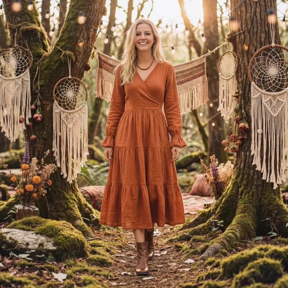 Богемное Ретро Платье с Воланами - Мода для Женщин 2026 M оранжевый