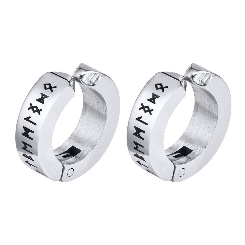 Vnox Viking Runes Hoop Earrings for Men, Non Pierced Clip Earrings, Stainless Steel Odin Norse Viking Amulet Letter Words Huggie