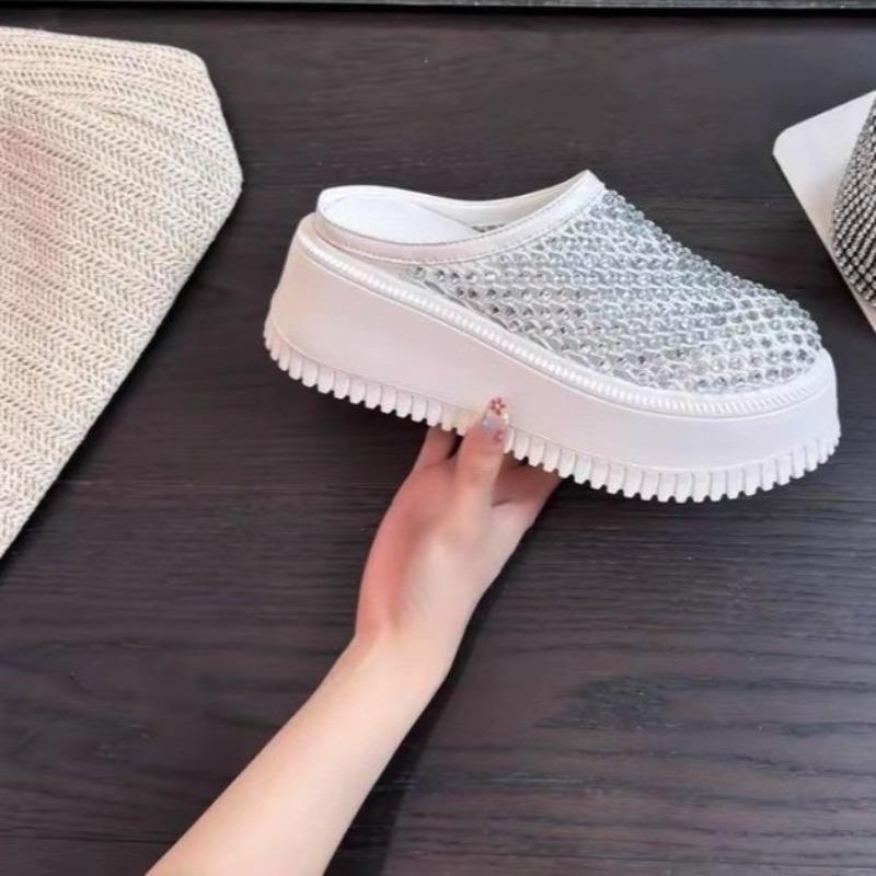 Heightened Sandals Summer New Round Toe Deep Slip Rhinestone Mesh Breathable Versatile Wrapped Head Flip-Flops