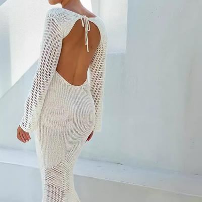 Women's Spring New Hollow Long Sleeve Knitted Low Cut Sexy Backless Dress