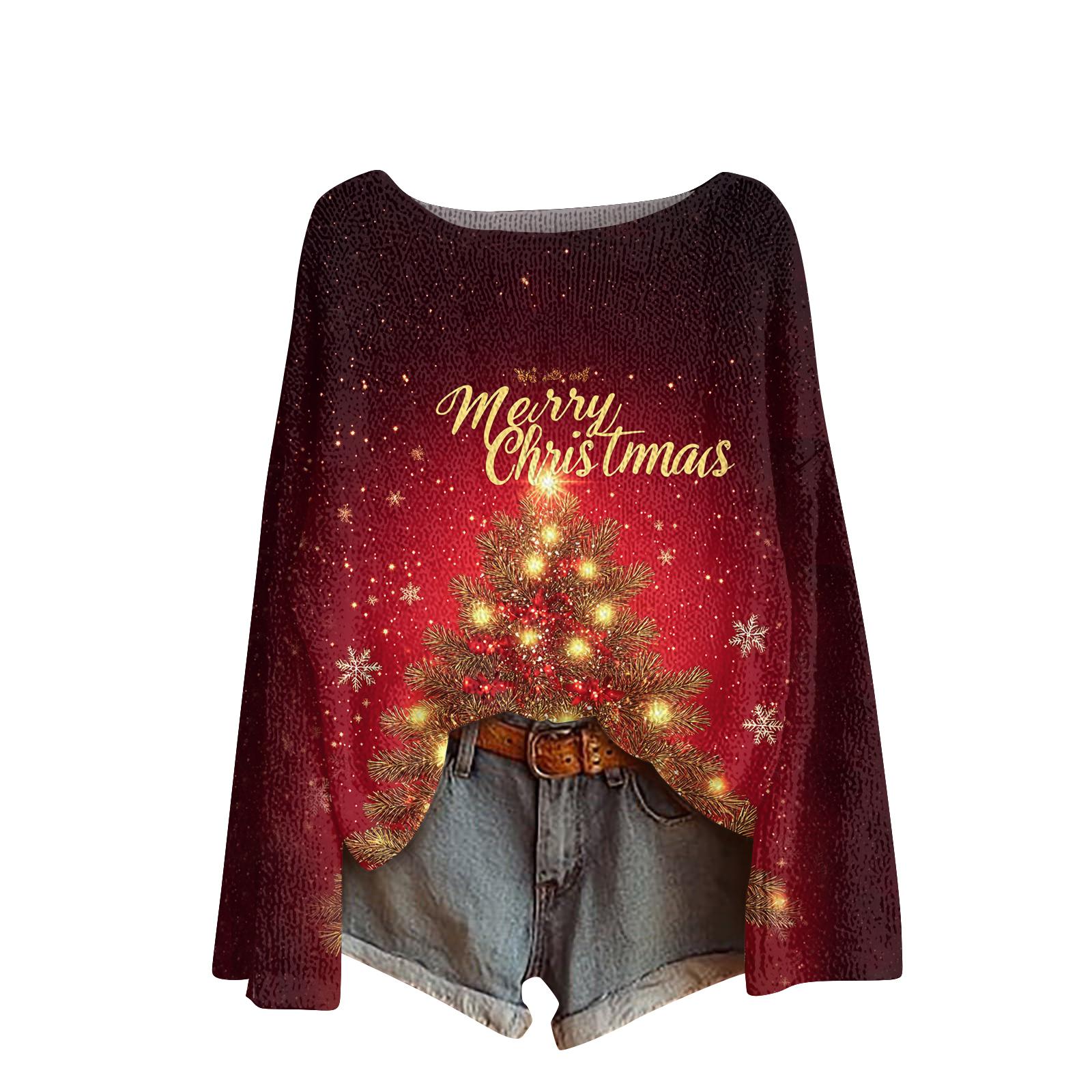 

Женский модный повседневный трикотажный свитер с длинным рукавом и рождественским принтом, круглый вырез XL винный