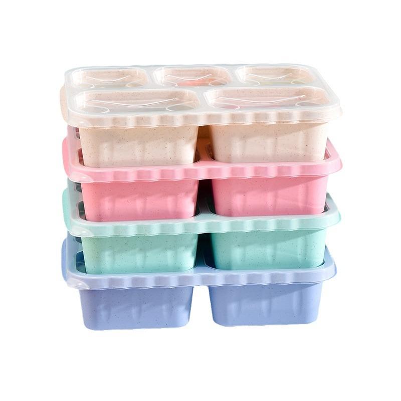 Weizenstroh Quadratische Fünf-Fächer Lunchbox Outdoor Tragbare Bento Box Snackteller Snack-Obstbox