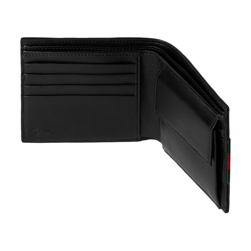 Gucci Red and green stripe decoration leather wallet men's black