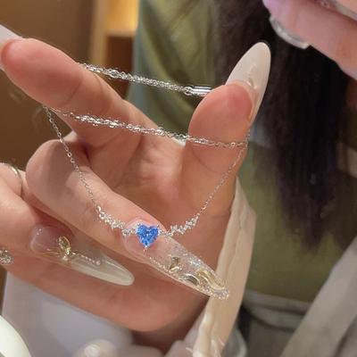 S925 Sterling Silver Aquamarine Blue Heart Necklace - Elegant Light Luxury Clavicle Chain for Women