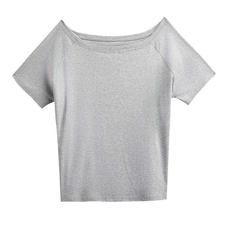 Loose One-word Shoulder Short-sleeved T-shirt Women's Solid Color Lazy Style Versatile Casual Design Niche Bottoming Shirt