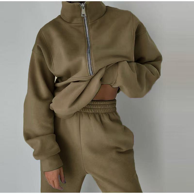 Europäischer & Amerikanischer Stil Lässiger Strickfleece mit Reißverschluss Sweatshirt & Sweatpants Damen Zweiteiler