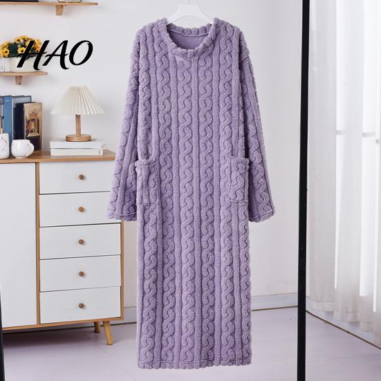 Lyxig Jacquard Loungewear Damflanell Nattlinne Fluffigt Plysch Varm Rundhalsad Lång Sovkläder Lös Vintertröja Nattlinne med Fickor