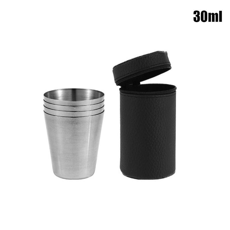

4 шт., практичные дорожные чашки из нержавеющей стали для отдыха на природе, мини-набор стаканов для виски, вина с футляром, портативная посуда для питья 30/70/160 мл 30ml