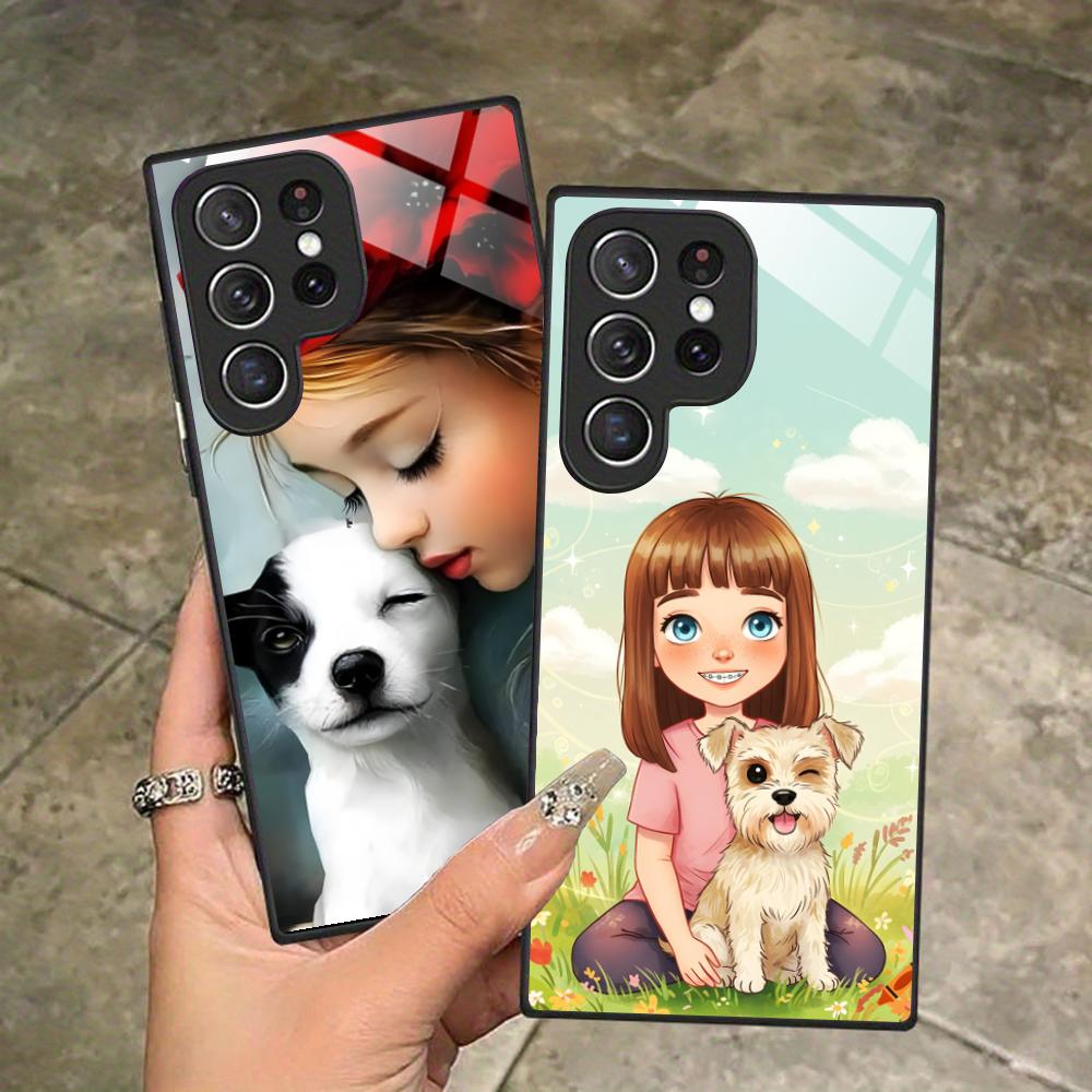 Girl Dog Puppy Glass Mobile Phone Case for Samsung Galaxy A56 55 54 53 52 51 36 35 34 23 16 15 5G Colorful Cover